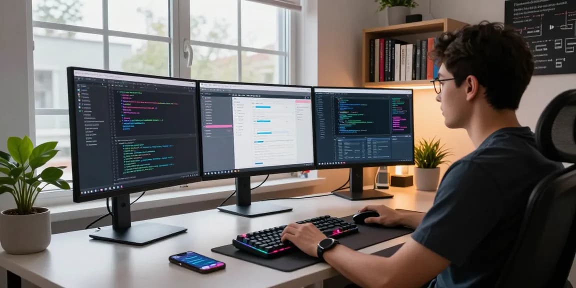 Dynamic coding workspace with multiple monitors, showcasing productivity at the WPS Official Website.