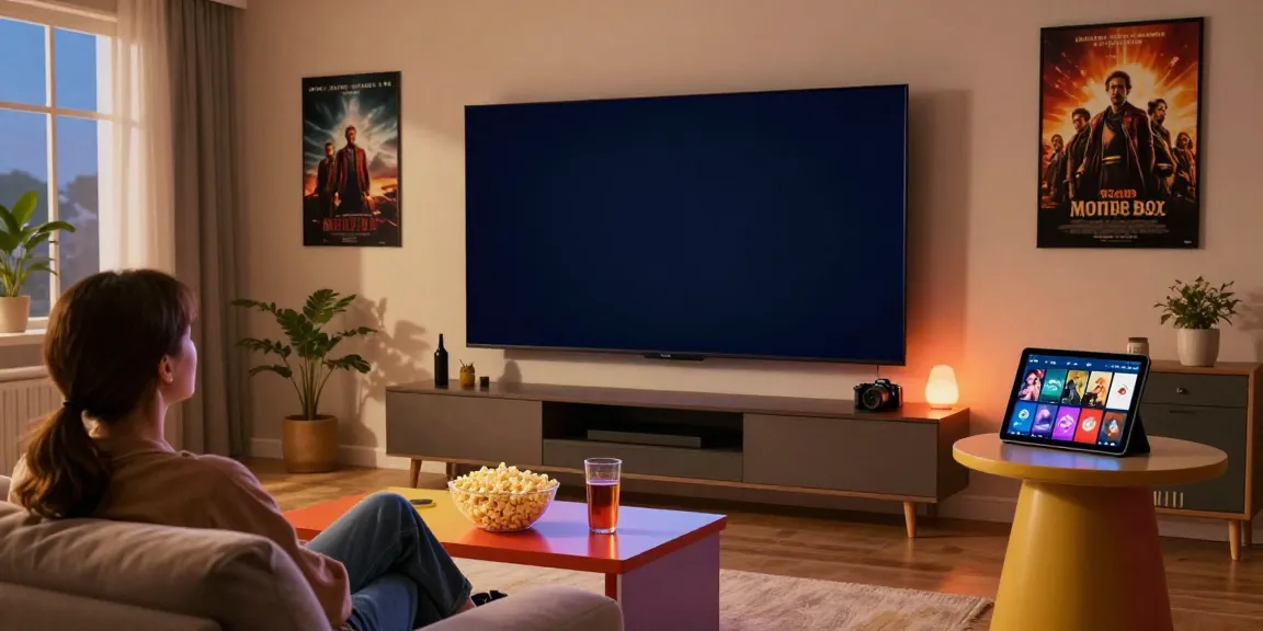 A cozy home movie setup with MovieBox app on display, capturing a vibrant streaming experience.