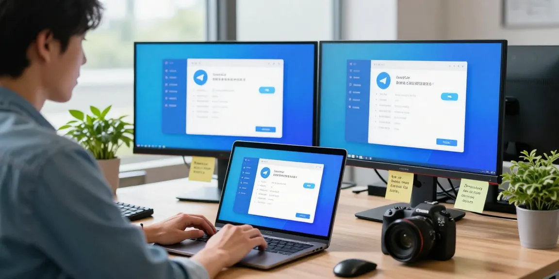 Setting up Telegram Chinese interface in a modern tech workspace with vibrant screens.