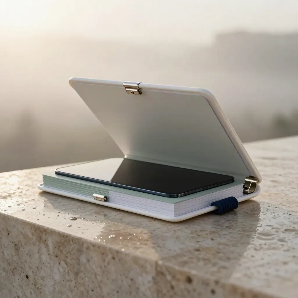 Matte-white startup launch folio with mockup boards, phone slab and navy cable on a stone plinth.