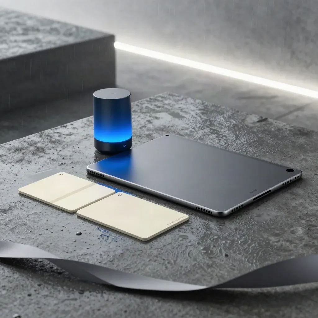 Rain-kissed lead-gen bundle on a concrete terrace with tablet slab, beacon, and cream cards.