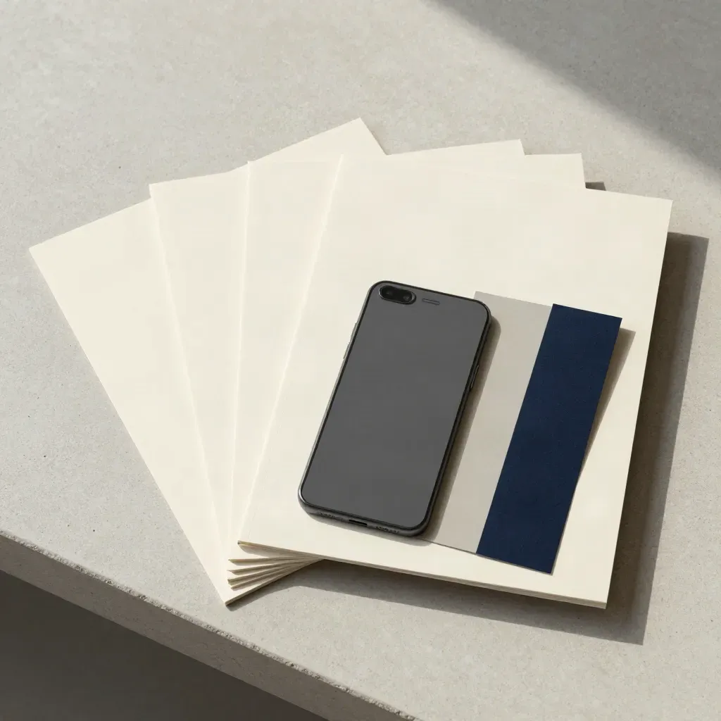 Cream landing-page sprint folio with phone slab and layered boards on pale concrete, overhead flatlay.