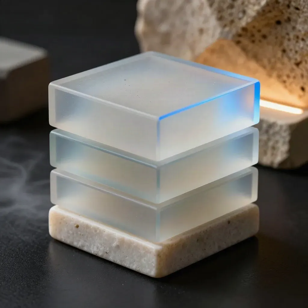 Dramatic stack of translucent square ad tiles and a glowing cube on dark stone.