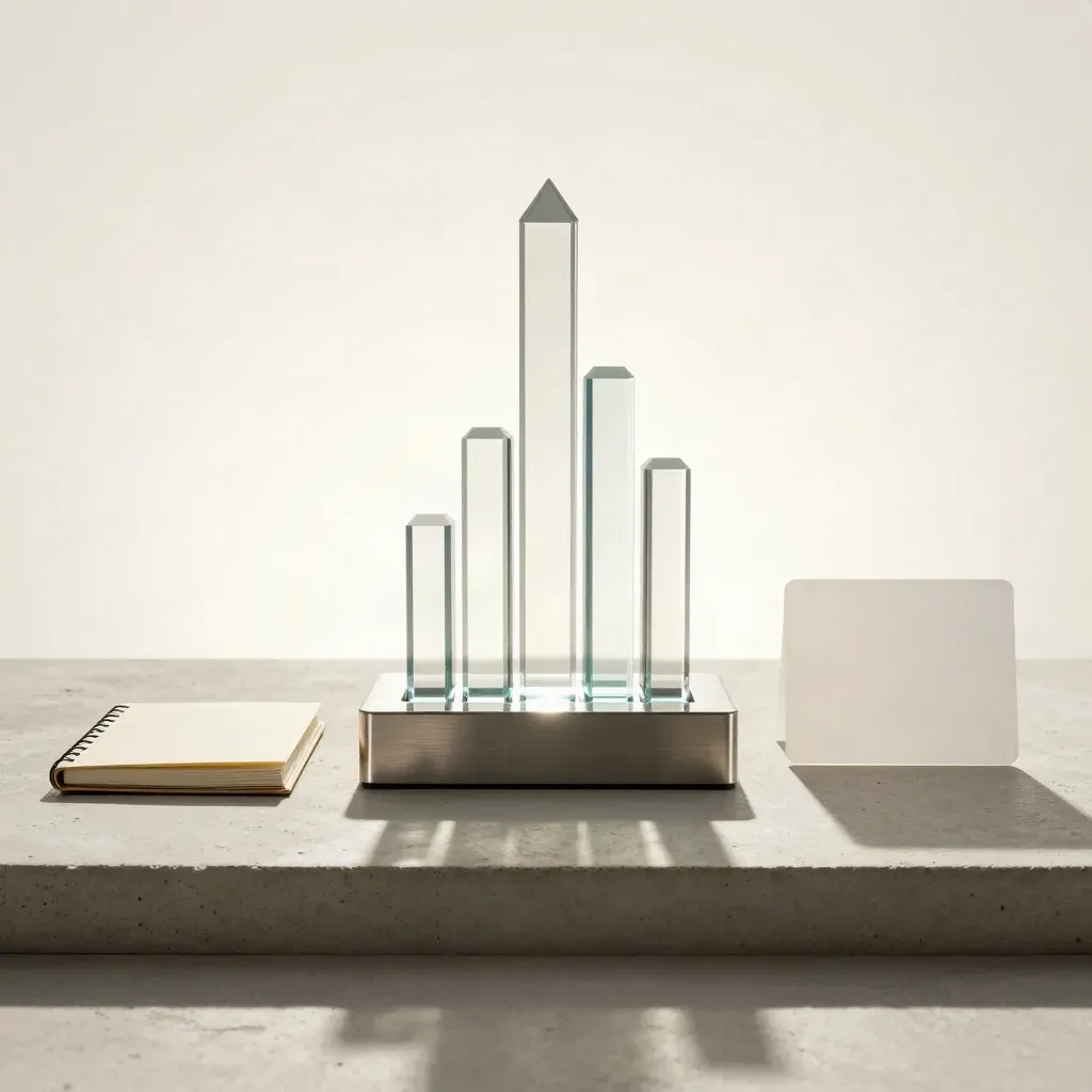 Glass analytics bars and a tiny notebook on pale concrete with soft white glow.