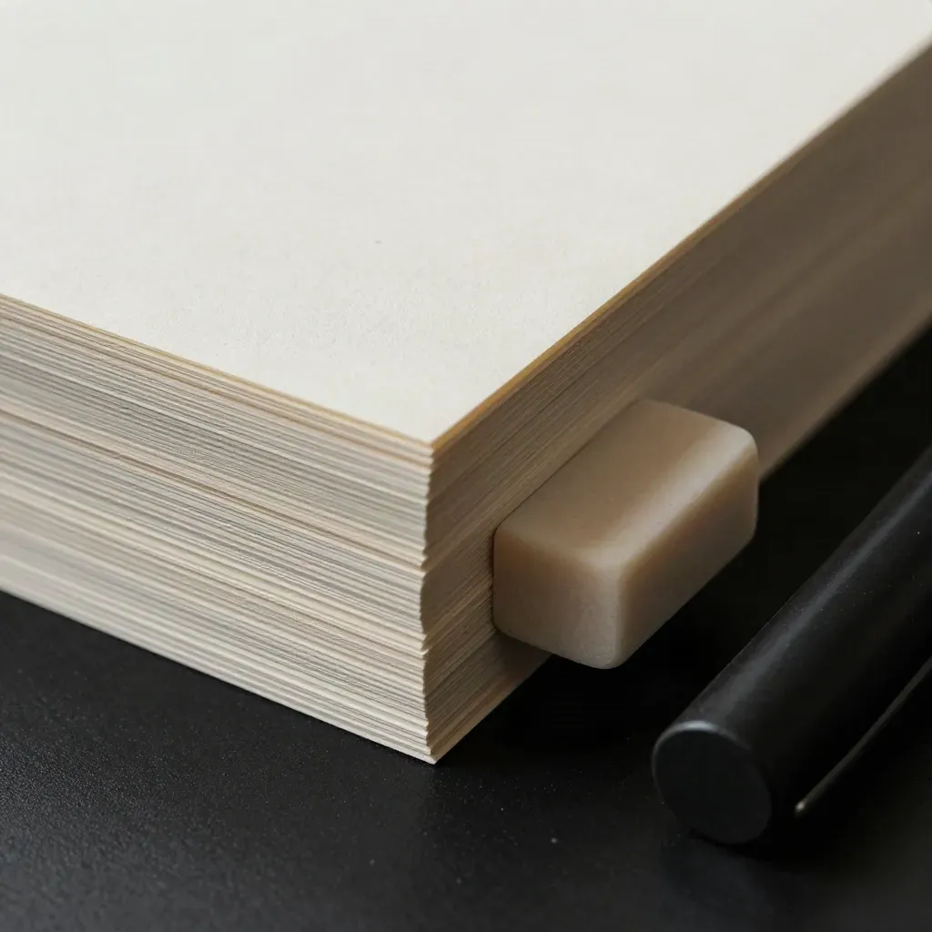 Top-down macro of a copy-card stack, eraser block, and pen cap on matte black with cool rim light.