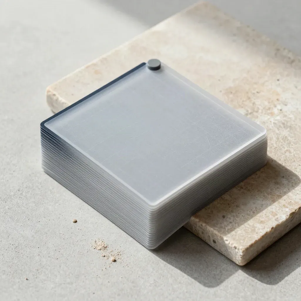 Frosted route-map cards, stone tile and a clip arranged in a premium product flatlay.