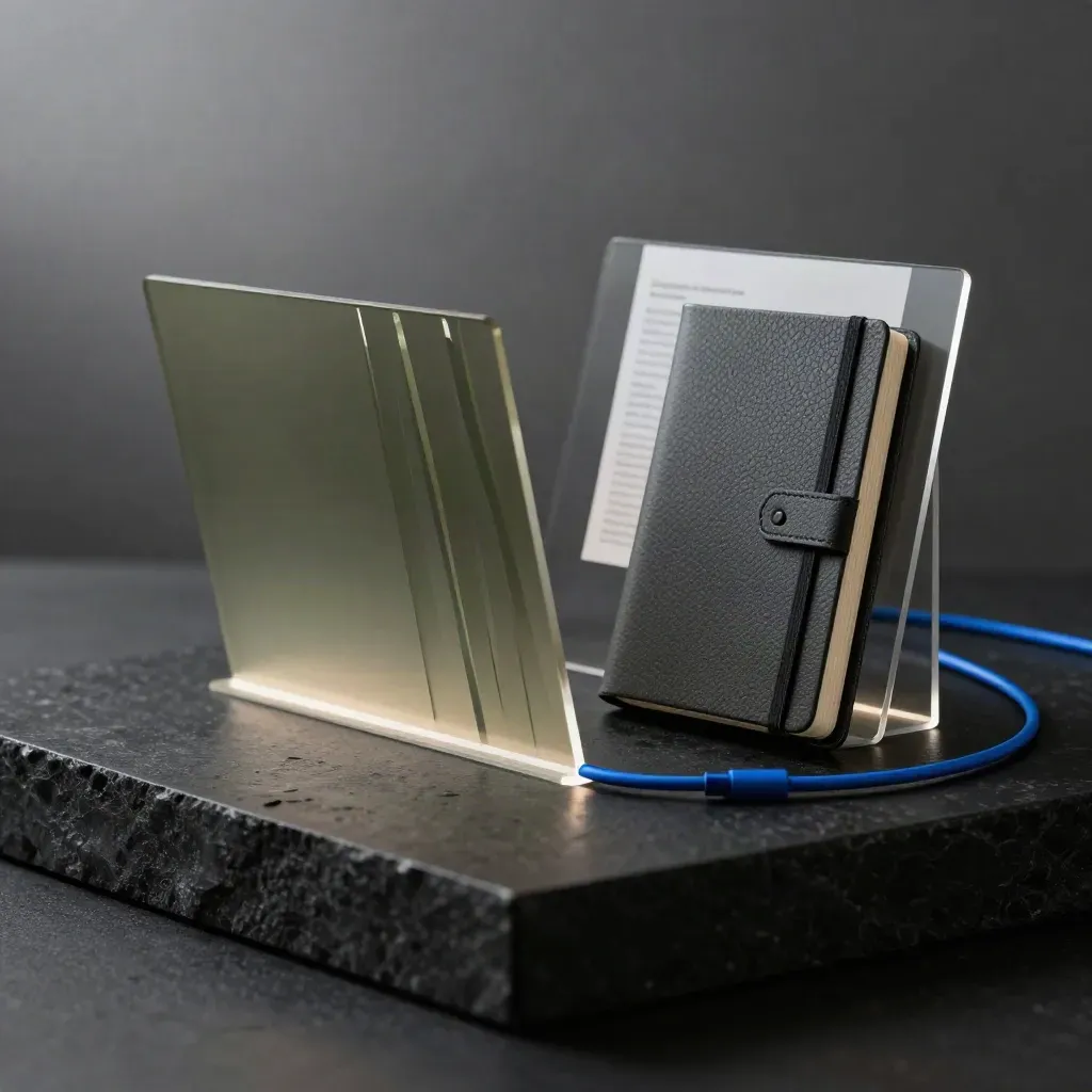 Layered acrylic lead-funnel panels, dark notebook, and blue cable on a matte-black studio surface.