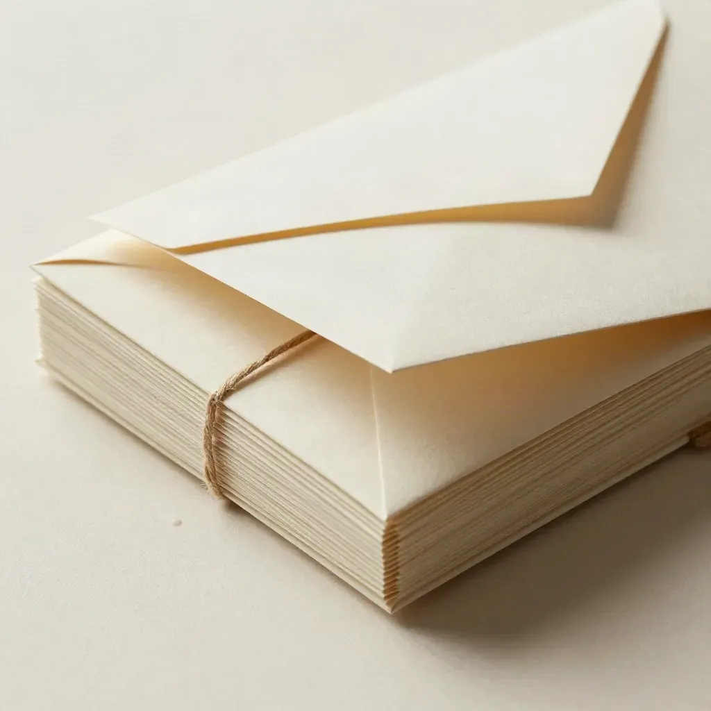 Cream parcel with twine and layered envelopes lifted open on a pale surface, top-down macro.
