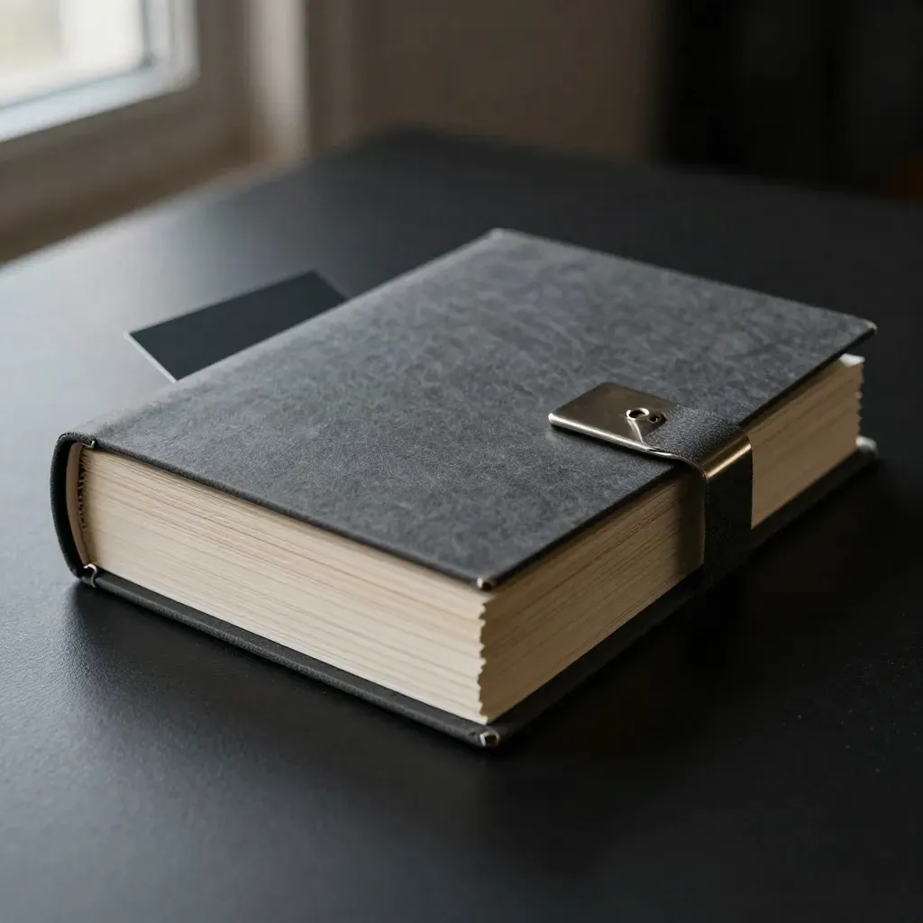 Polished report bundle with clip and notebook on matte black, lit like a premium agency product shot.