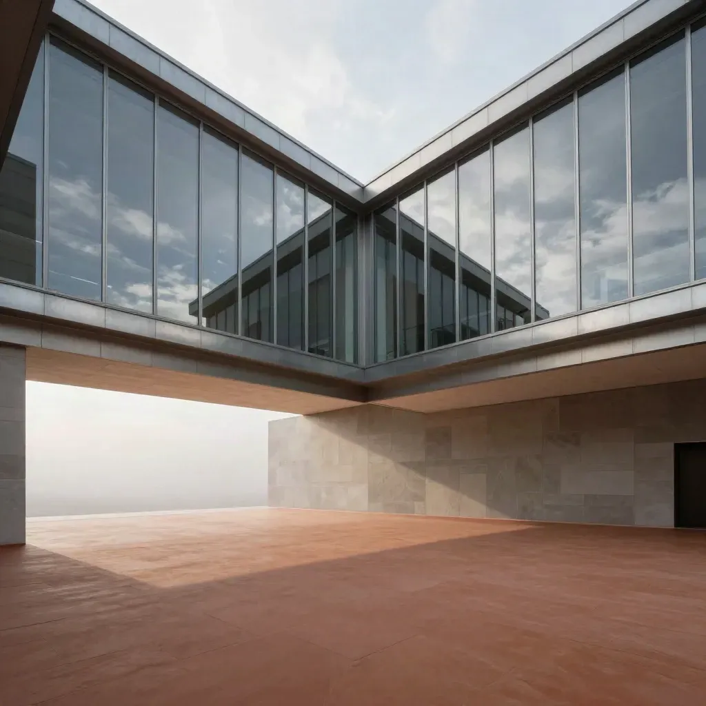 Glazed atrium with steel beams, pale sky reflections, and misty open floor in warm neutral tones.