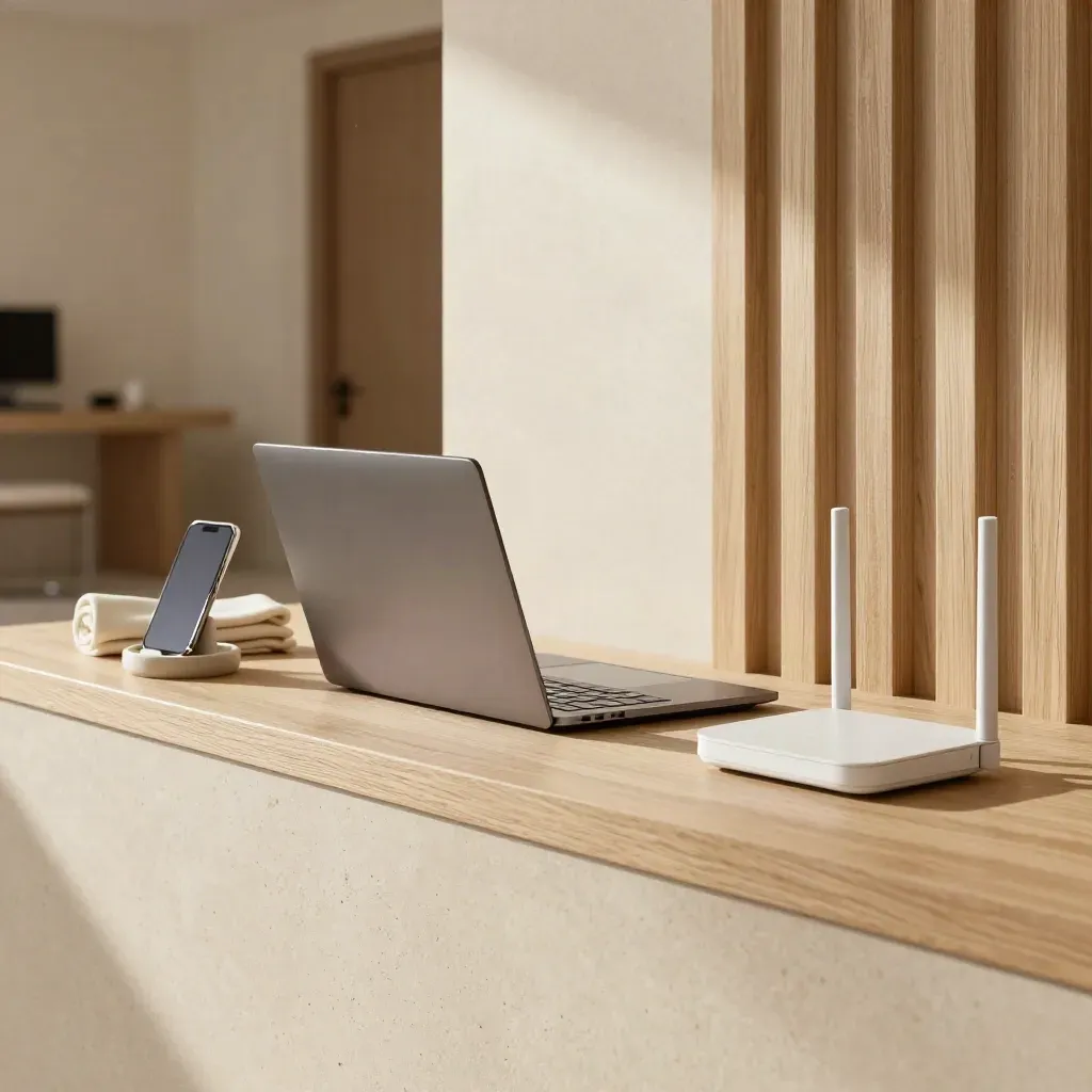 Warm home-office nook with laptop, phone, oak slats, and cream stone