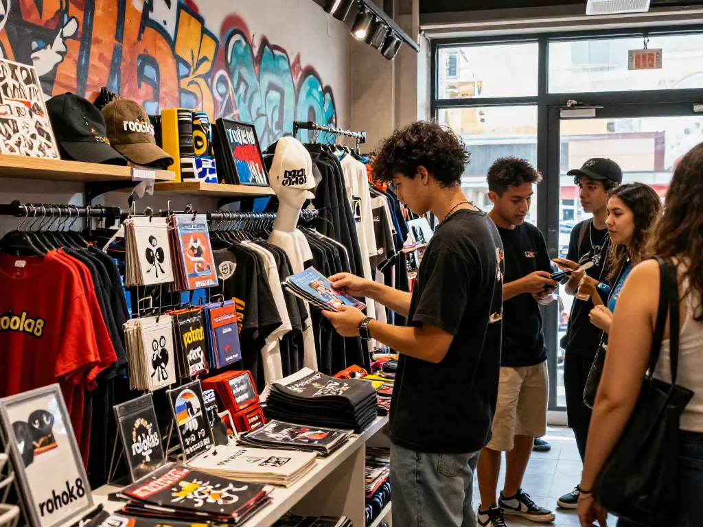 Fan exploring trendy rokok88 merchandise in vibrant urban store