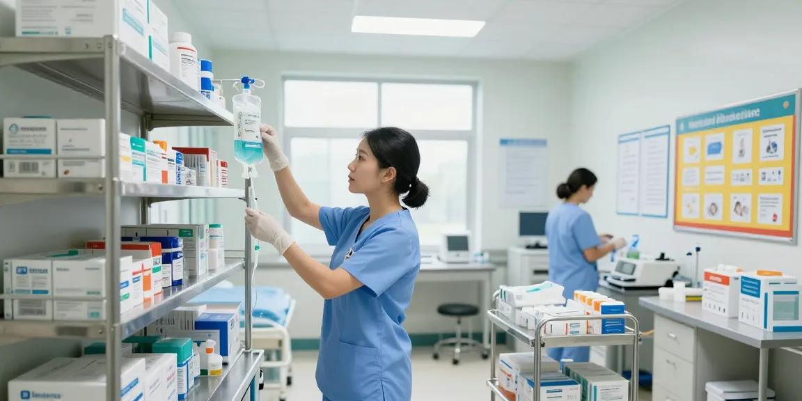 IV supplies Canada organized in a hospital supply room, showcasing bags and tubing for healthcare.