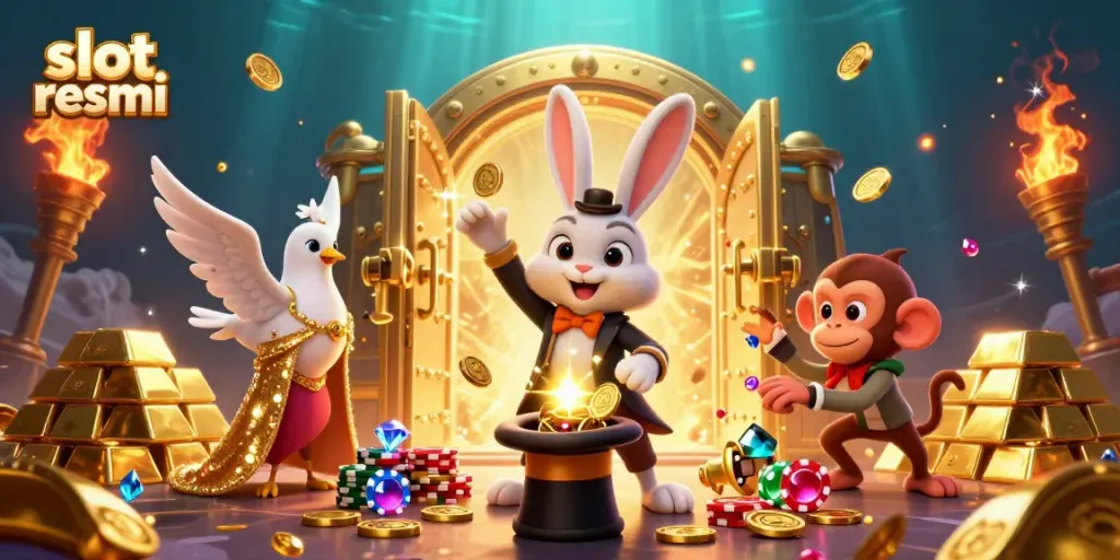 Experience excitement at slot resmi where a magician rabbit pulls coins amidst sparkling treasures.