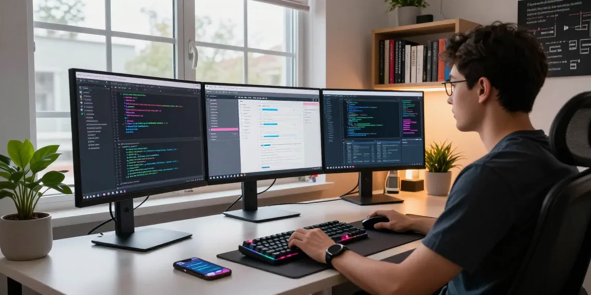 Dynamic coding workspace with multiple monitors, showcasing productivity at the WPS Official Website.